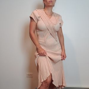Vintage Blush Pink V Neck Dress